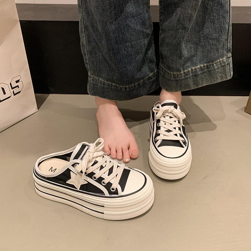 

Casual one-pedal board shoes, half slippers, women s summer wear, new little white shoes, thick-soled bag head, canvas, small muffin 35 чорний