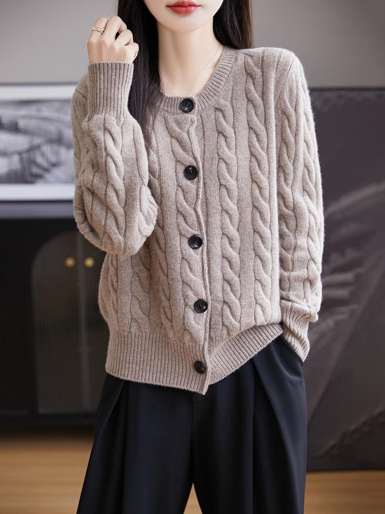 Women's Thickened Round Neck Cable Knit Cardigan - 100% Mercerized Wool, Autumn/Winter, Loose Fit