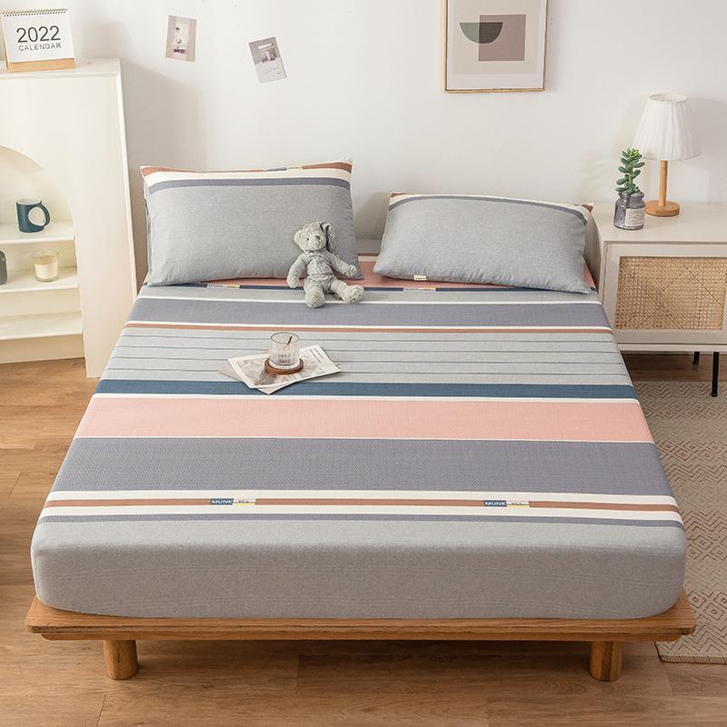 3pcs Grey Striped Cotton Fitted Sheet, Set Adult Kid Teen Bedroom Thickened Bedding with 2 Pillowcases, Geometric Line Bed Cover