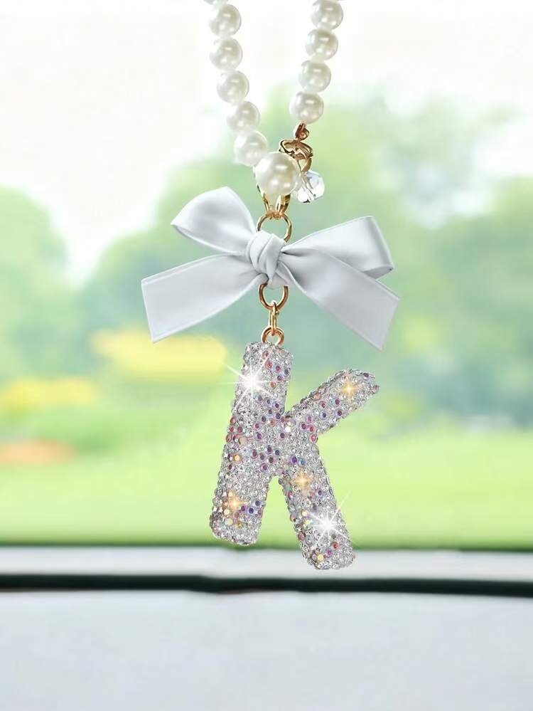 Creative Diamond Fashionable Bow Letter Car Pendant Car Rearview Mirror Decoration Exquisite English Pendant Decoration