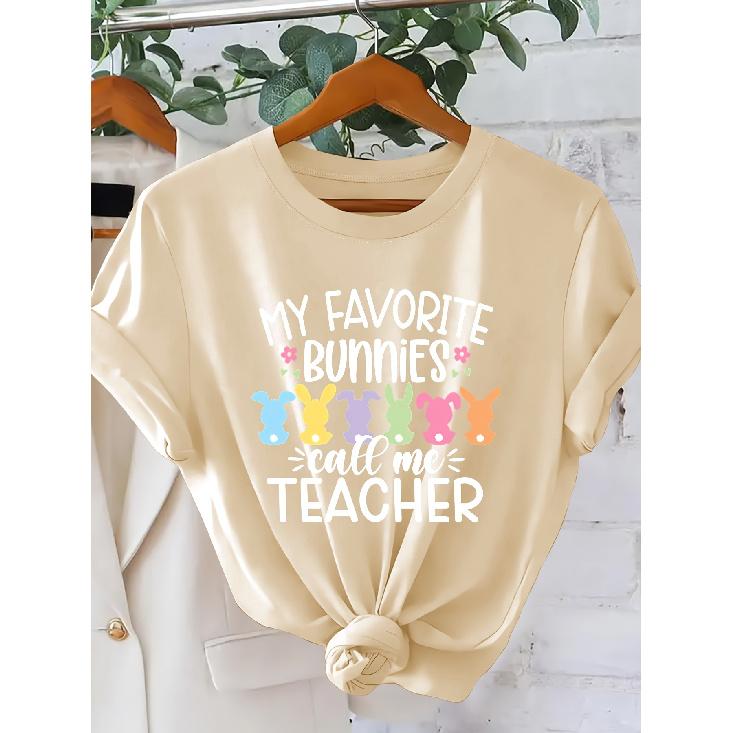Women's MY FAVORITE BUNNIES Teacher's Short Sleeve Shirt One-piece Easter Outfit T Shirt Teacher's Outfit for Holiday Outings 2026 New Spring and