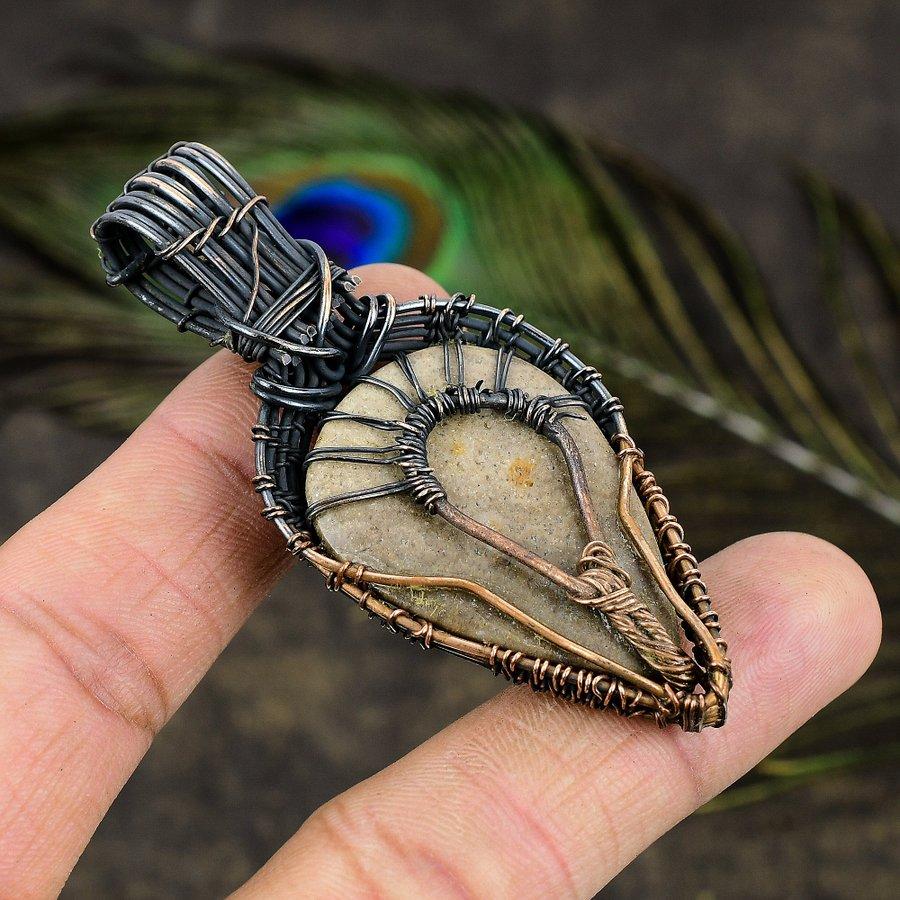 Natural Wood Jasper, Moonstone Gemstone Copper Wire Wrap Pendant 2.88" P4Q77