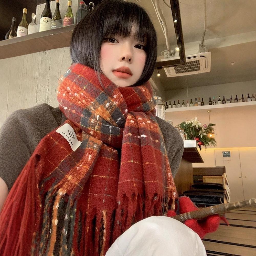 Christmas and New Year's red plaid imitation cashmere scarf women's new winter high-end warm wool scarf