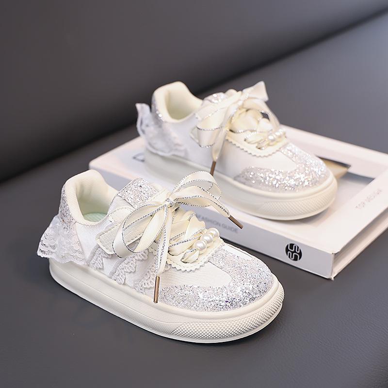 

Туфли повседневные с пайетками для девочек 2025 осень верх шнуровка жемчуг детские для детей среднего и старшего возраста спортивная обувь кеды 30