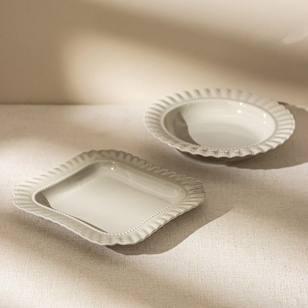 Französischer Reliefperlenrand Keramik Retro Quadratisch Rund Speiseteller Salatteller Snackteller Haushalt Weiches Geschirr