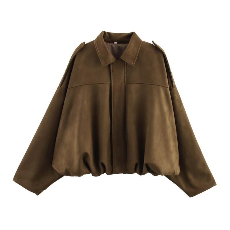 Damen Oversize Windjacke mit Wildleder-Textur, Reverskragen, Reißverschluss vorne