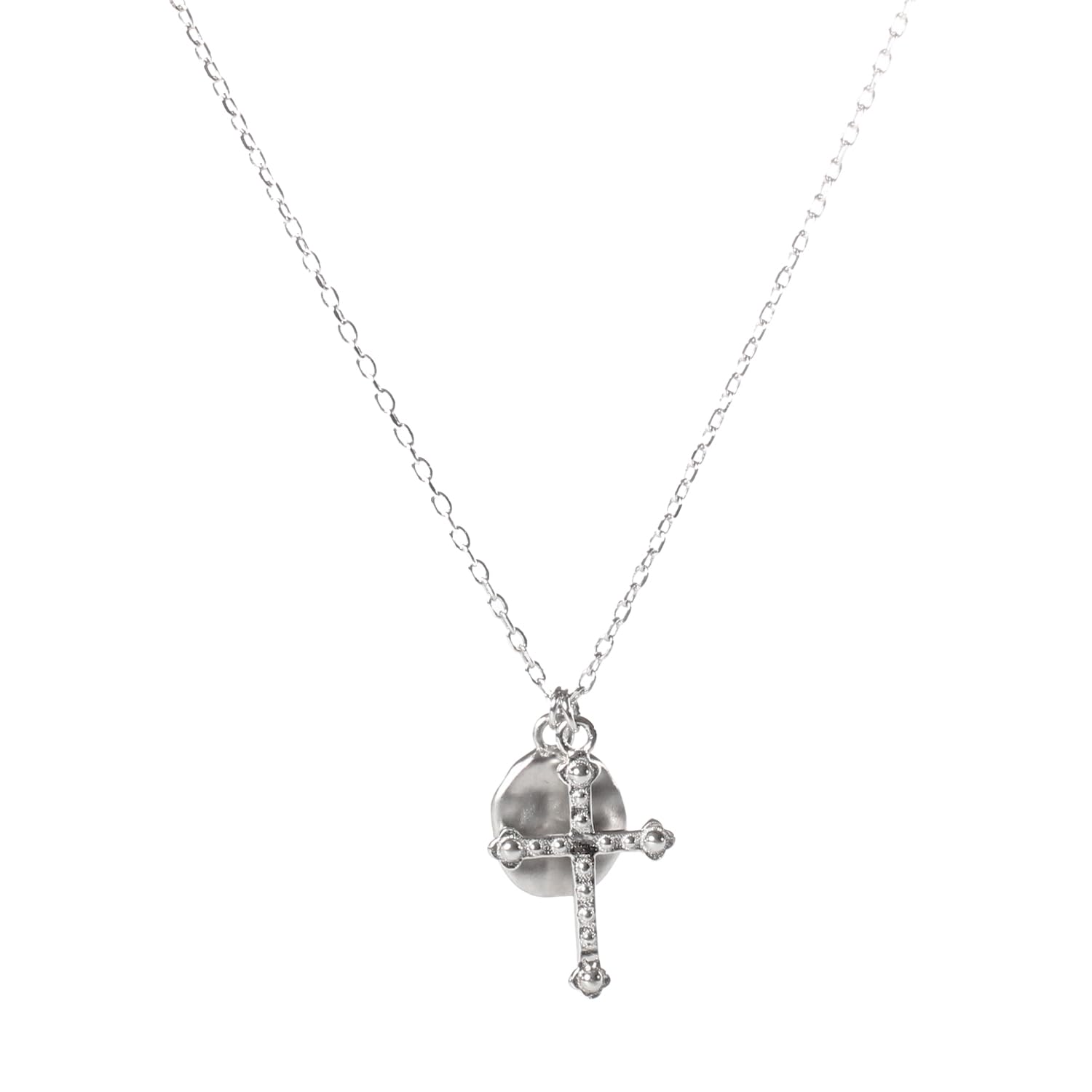 

Genuine 925 Sterling Silver 18K Gold Hammered Coin Cross Double Chain Charm Necklace for Men and Women. Simple, Thin, Small Chain Set with Pouch.