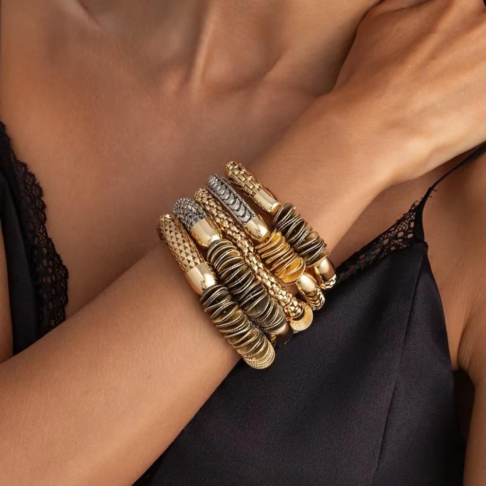 5Pcs Casual Metal Scale Bracelets Heavy-Duty Stackable Bracelets Elastic Bracelets Jewelry Gift