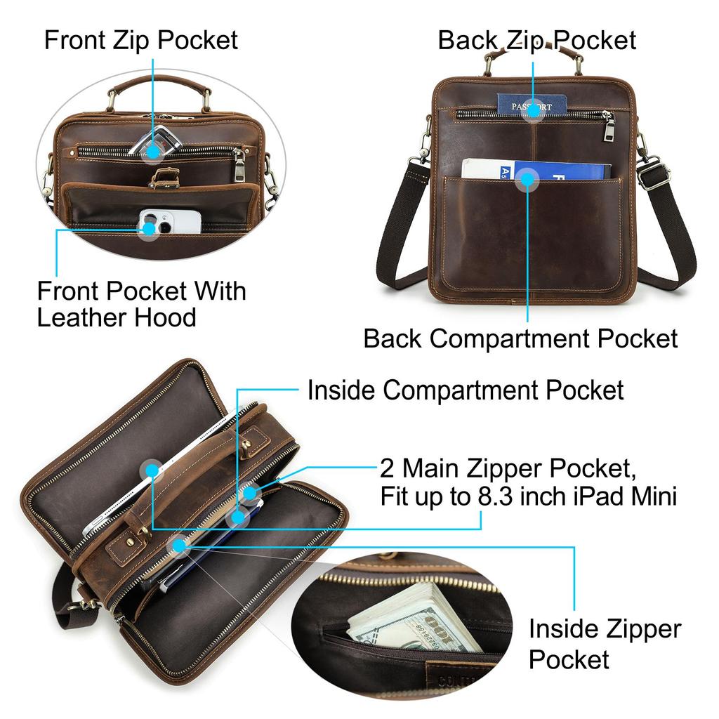 CONTACT'S Genuine Leather Sling Shoulder Bags for Men High Quality Messenger Business Bags Durable Men Crossbody Bags for 8.3 Inch Pad