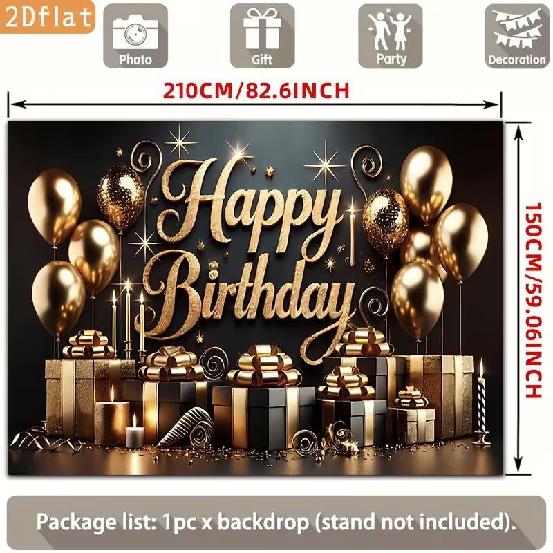 

2D Black Gold Birthday Photo Booth Backdrop with Gift Boxes & Balloons 47.2x31.5inch/120*80cm