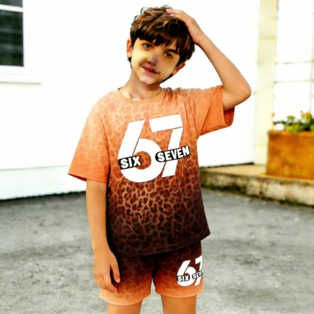Fashion 67 Leopard Colorful Gradient Printed Kids T-shirt and Shorts 2 Piece Set Summer Casual Outfit for Boy's and Girl's Kids Clothing Top
