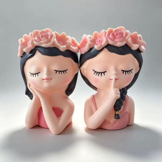 Cute Girl Planter Pot, Resin Girl Statue for Indoor Outdoor Plants, Decorative Flower Pot for Succulents, Makeup Brush & Pen Holder for Home Office