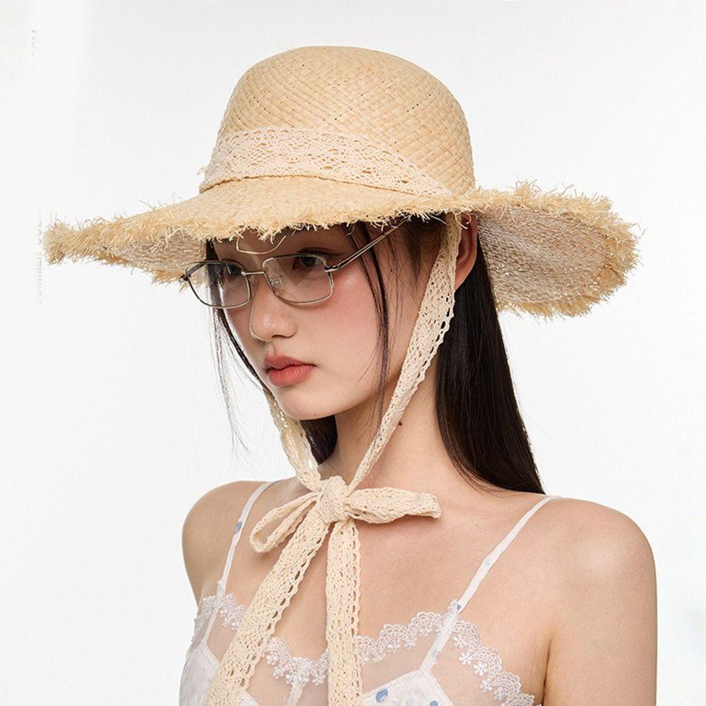UV Protection Beach Hat Ribbon Weave Straw Cap Casual Sun Protection Cap  Vacation
