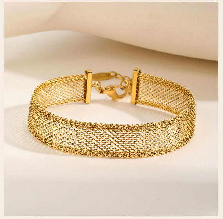 Wide Brand Stainless Steel Mesh Link Chain Bracelet For Women, Adjustable Wirst Jewelry Non Tarnish Waterproof