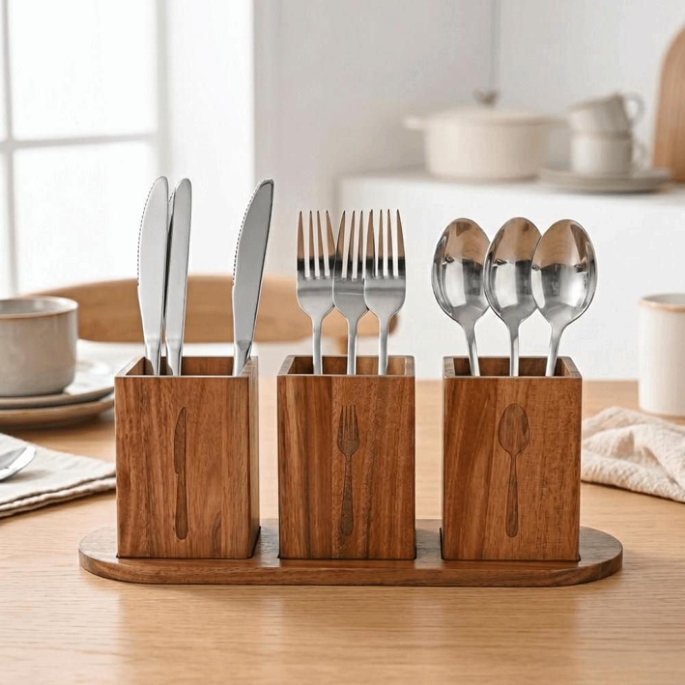 Space Saving 3 Compartment Cutlery Holder Wooden Flatware Organizer  Farmhouse
