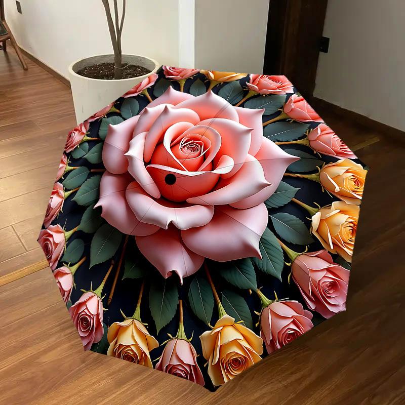 1PC Rose Floral Umbrella-8-Rib Reinforced, Automatic Open, Lightweight & Durable, Cute Fashion Accessory for Outdoor-P98