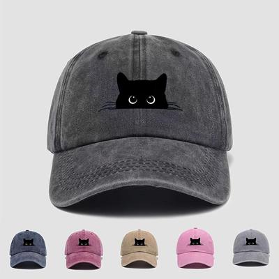 1pc, Cute Cat Print Washed Baseball Cap, Fashionable All-Season Outdoor Hiking Party Hat, Lightweight Polyester with Buckle Closure