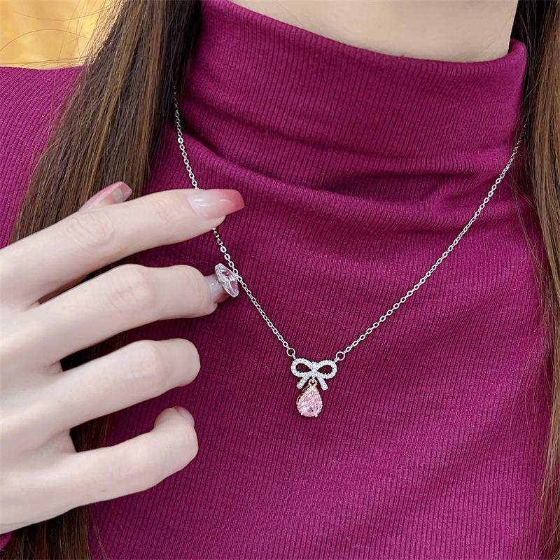 Pink Zirconia Bow Pendant Necklace: Versatile & Fashionable Women s Jewelry