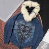 Amerikanischer Retro Y2k Harajuku Spice Girls Hoodie Damen Locker Langarm Totenköpfe Pelzkragen Reißverschluss Jacken Vintage Lässig Chic Oberteile