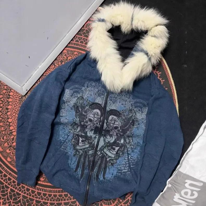Amerikanischer Retro Y2k Harajuku Spice Girls Hoodie Damen Locker Langarm Totenköpfe Pelzkragen Reißverschluss Jacken Vintage Lässig Chic Oberteile
