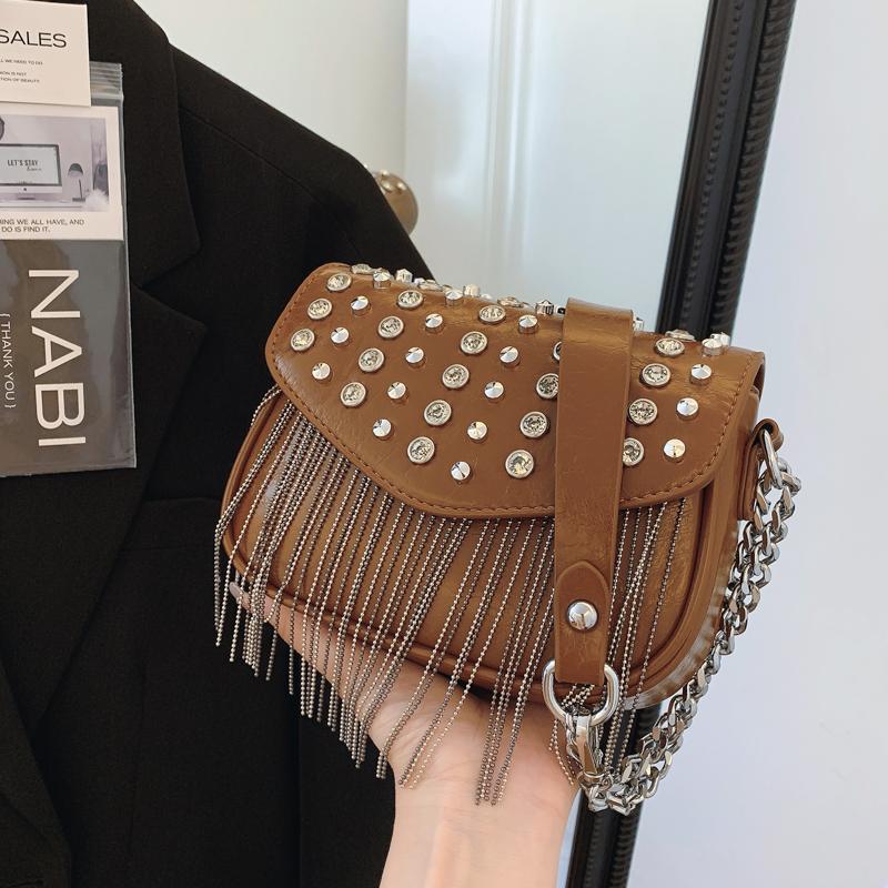 Exquisite Chains Tassel Square Shoulder Bags PU Diamonds Personality High Quality Crossbody Women's Bags 2024 Fashion Hot Trendy