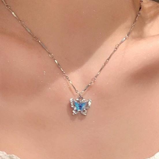 Blue Butterfly Necklace Women Rhinestone Choker Butterfly Pendant Necklace for Daily Wear Summer Party Date Beach