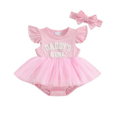 Baby Mädchen 2-teilige Outfits Buchstabenstickerei Mesh Stramplerkleid und Stirnband Niedliche Mode Sommerkleidung