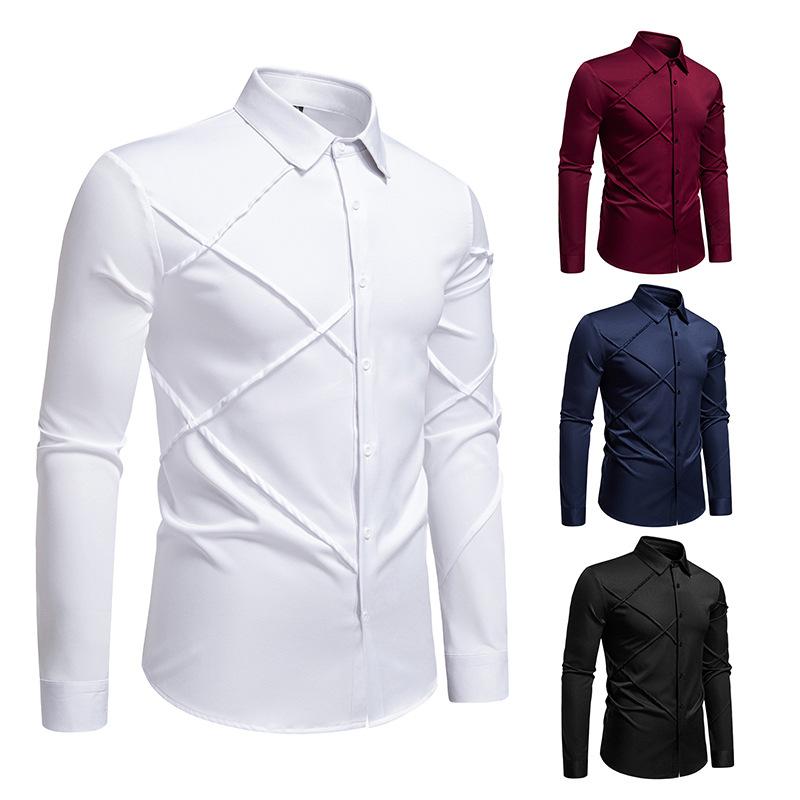 Autumn Men'S Solid Color Pleated Design Casual Long Sleeve Shirt Men'S Loose Shirt