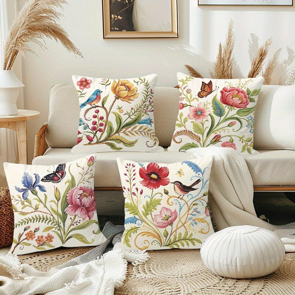 Floral and Fauna-Printed Pillowcases: Birds, Butterflies, and Blooming Flowers Sofa Cushion Cover Home Room Decoration