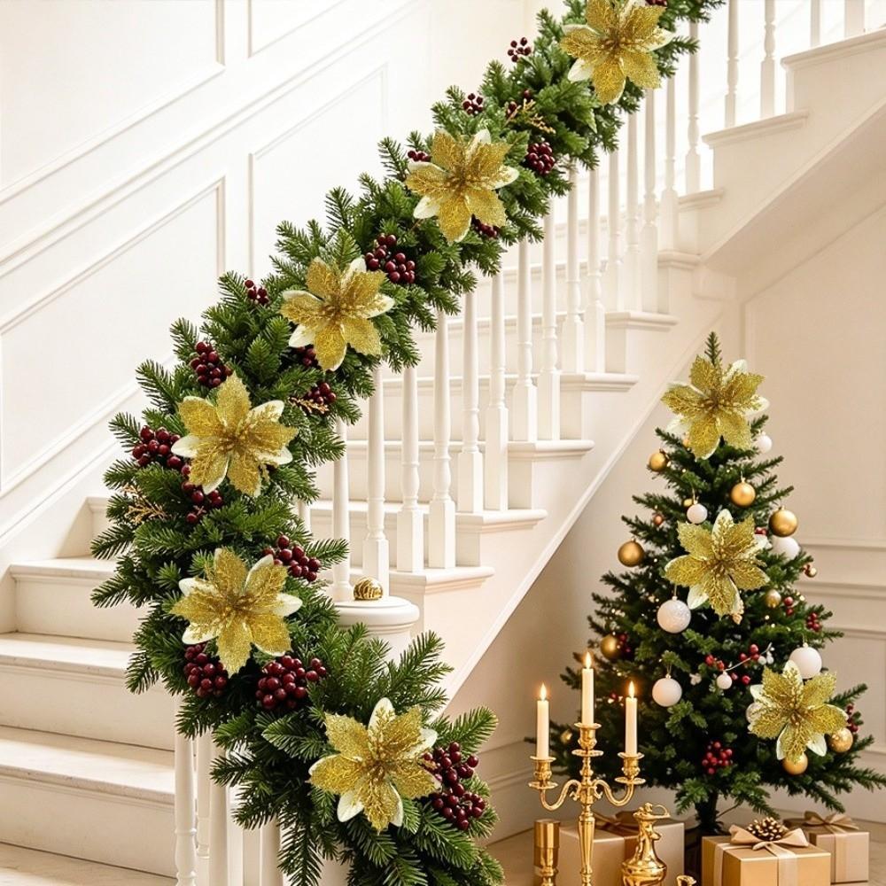 10Pcs Golden Gold Powder Artificial Poinsettia Flowers Multi-Color 7.5cm 10cm Glitter Flower Christmas Tree Decor DIY