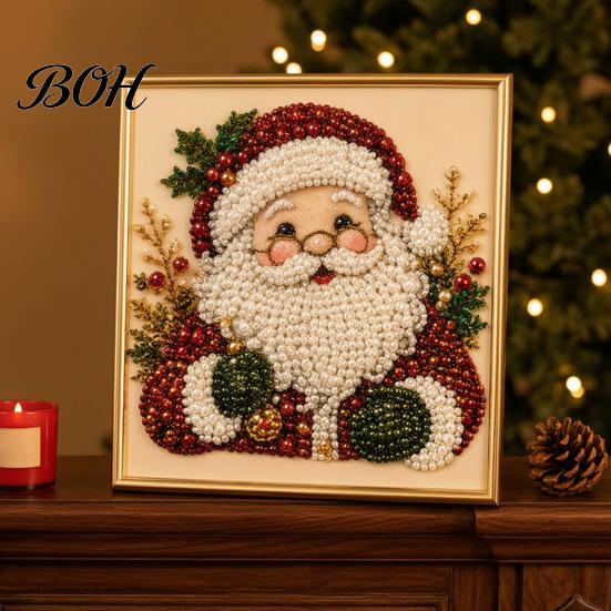 Art with Finished Frame DIY Christmas Faux Pearl Painting Kit Frame, Santa Decorative Wall Making Beads Craft for Adults Beginner, Handmade
