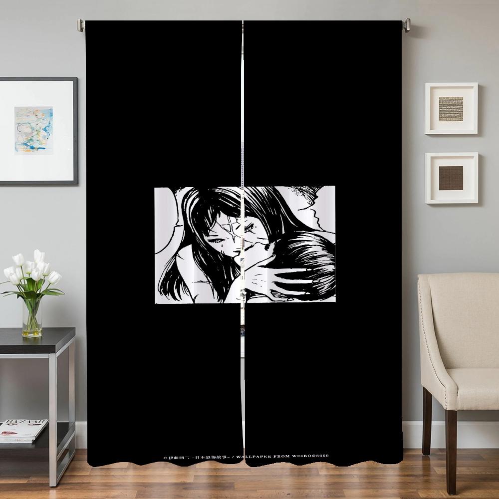 Home Interior Kitchen Curtains for Living Room 2 Pieces Blackout Curtains Door Curtain Junji Ito Bedroom Decoration Partition