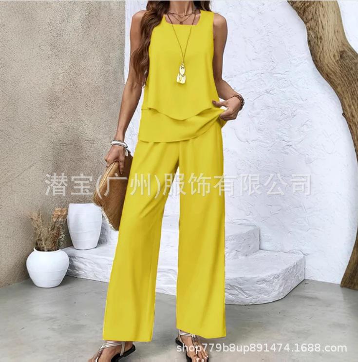 New European and American women's clothing spot explosion sleeveless casual double-layer vest plus pants set two-piece set