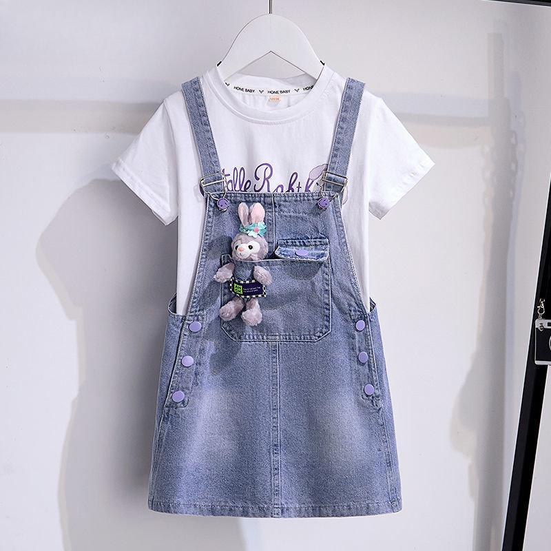 Tričko s krátkým rukávem Popruhy Sukně 2dílné Letní Dětské Kreslené Bílé tričko s krátkým rukávem Roztomilý oblek