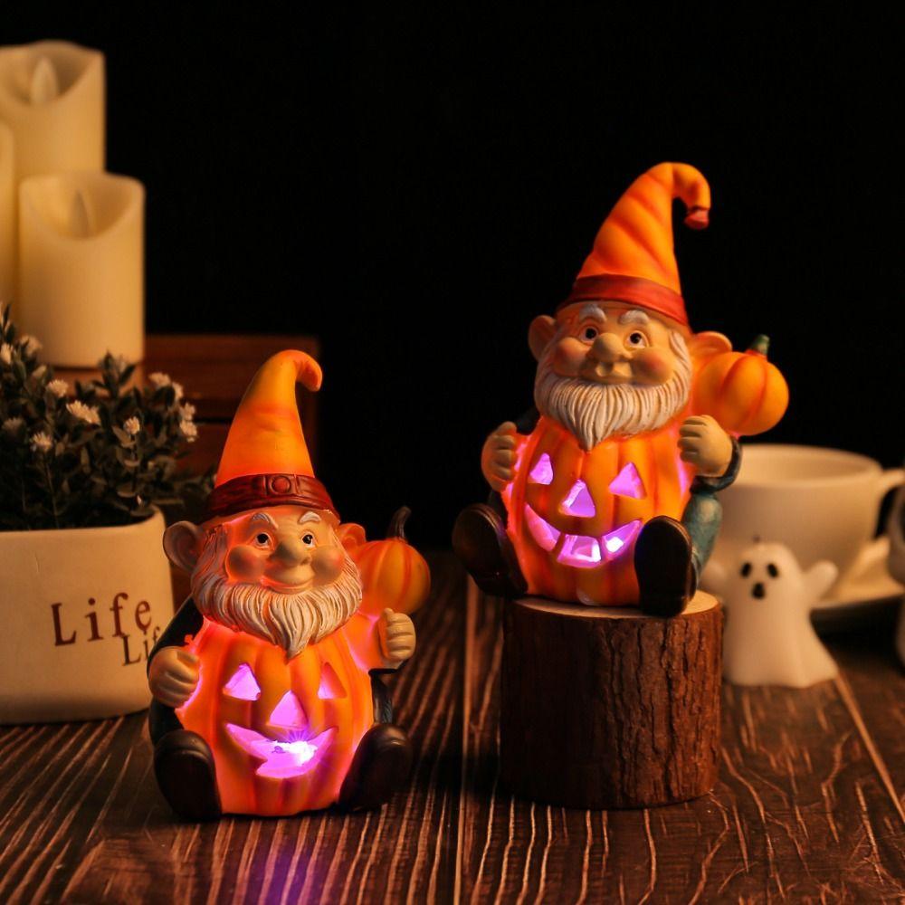 Cute Halloween Gnome Pumpkin Statues with Light Realistic Pumpkin Old Men Statue Funny Resin Crafts Halloween Ornaments