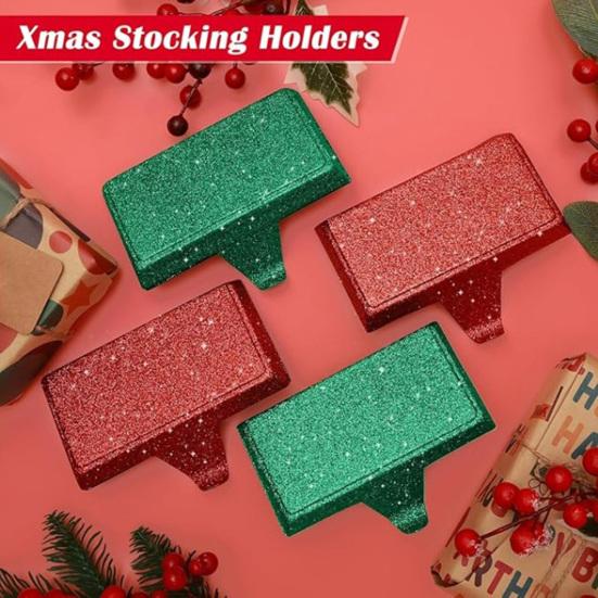 Glitter Christmas Stocking Holder Xmas Stocking Hanging Hook Heavy Duty Metal Stocking Hanger for Mantle Shelf Fireplace Stair Holiday Party Decor