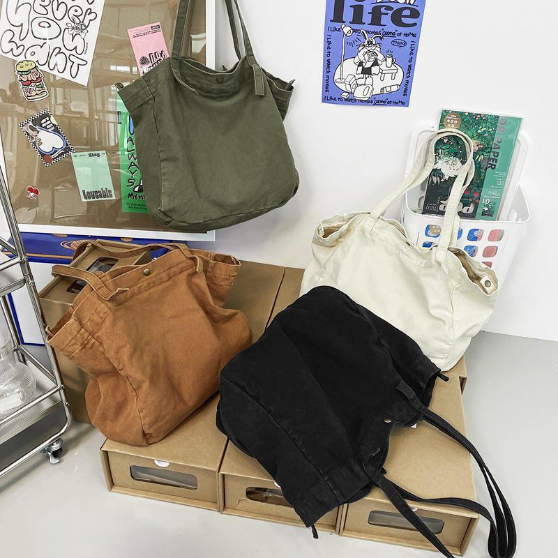 Japanese Minimalist Canvas Shoulder Bag: Large Capacity, Solid Color, Versatile for Shopping or School