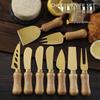 Rubber Wood Handle Western Cutlery Set: Fork, Spatula, Butter & Cheese Knives with Gold Stainless Steel.