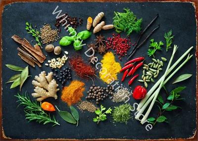 Kitchen Themed Wall Art Decor Colorful Spice and Spoon In Table Metal Tin Sign Food Cooking Ingredients Metal Art Print Decor