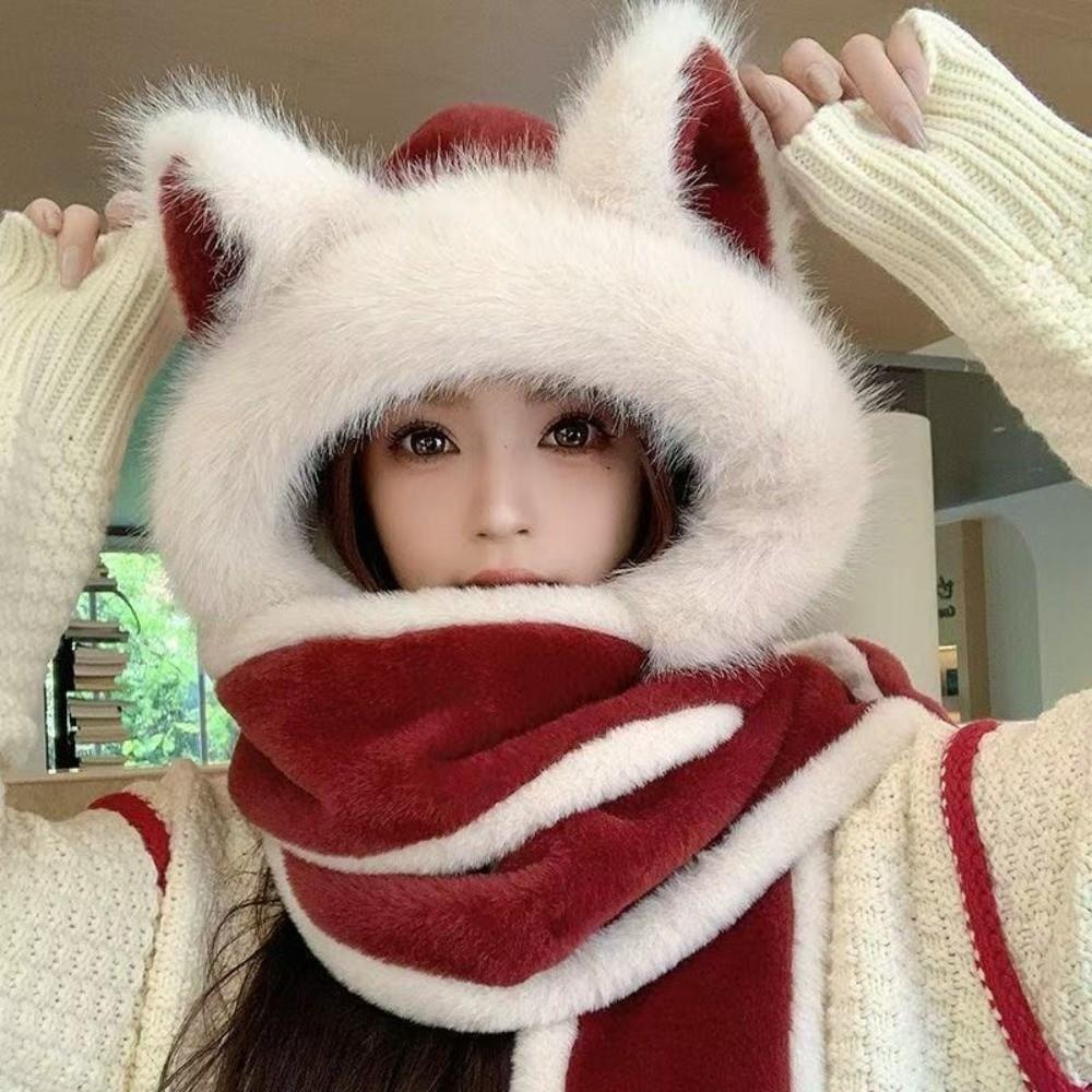 Keep Warm Fox Ear Hat Scarf Gloves Windproof Winter Plush Scarf NEW Scarf Gloves Autumn Winter