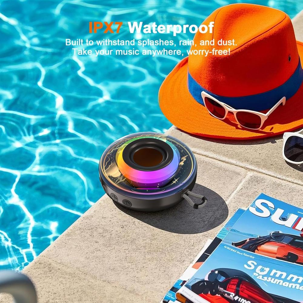 Portable Wireless Bluetooth Speaker, Shower Speaker with RGB Lights, Hi‑Fi Audio, IPX7 Waterproof, Bluetooth 5.4, Extended Playtime, TF Card