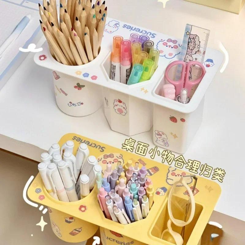 3 Lattices Desk Pen Holder Pencil Storage School Office Stationery Pens Box Brush Stand Organizer Boxes Desktop Assessories