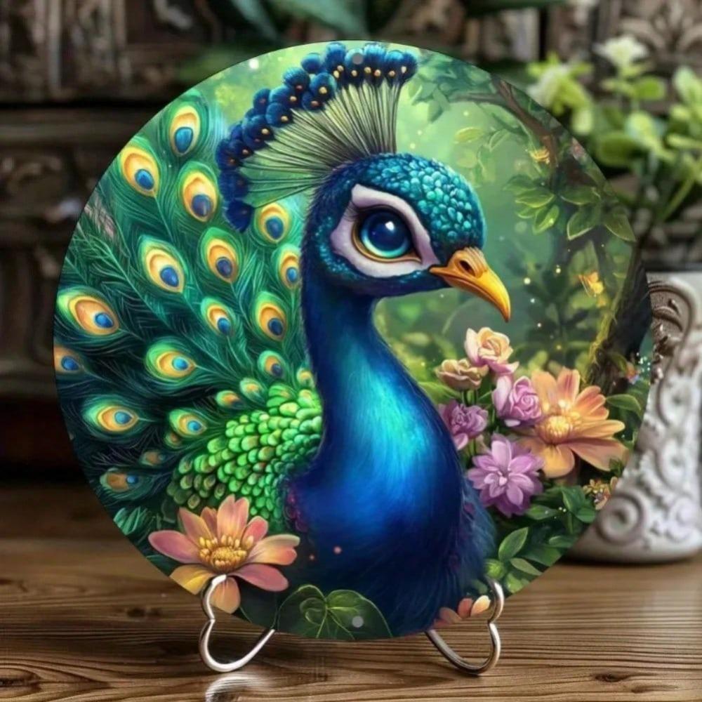 Peacock Metal Wall Art Round Home Decor Aluminum Sign