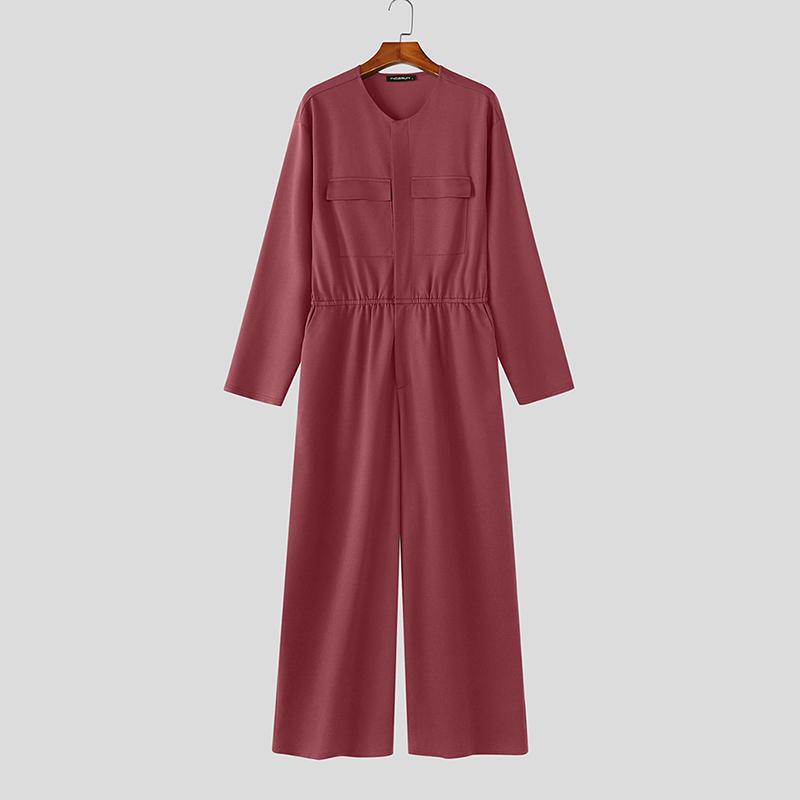 INCERUN Men Collarless Long Sleeve Belt Solid Sports Casual Buttons Long Jumpsuits Rompers