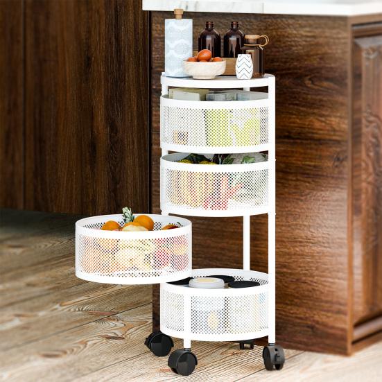 Rotating Storage Rack Fruit Basket for Kitchen 3/4/5 Tier Circular Rotating Basket Fruit and Vegetable Metal Wire Shelf with Top Lid (White)