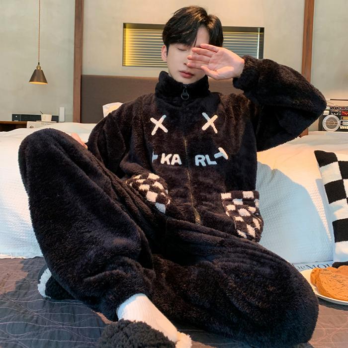 Autumn Winter Coral Fleece Men's Pajamas Set Thicken Flannel Warm Sleepwear Young Boy Loose Zipper Soft Pajama Fashion Cartoon Men Pyjama Home Wear