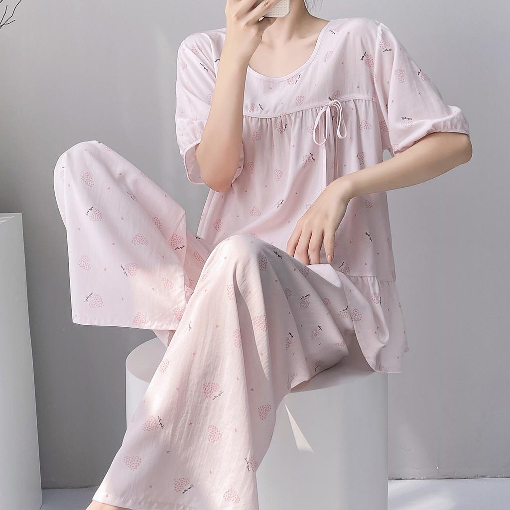Cotton and silk pajamas women's summer 1011 new short-sleeved trousers can be worn outside the suit, sweet girl small fresh loungewear