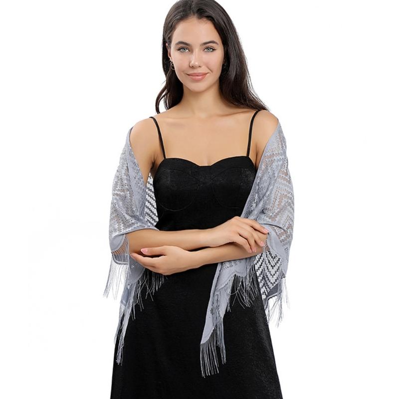 Women's Triangle Lace Shawl with Tassels Waved Shoulder Wrap Shawl Scarf for Bridal Gowns and Evening Parties