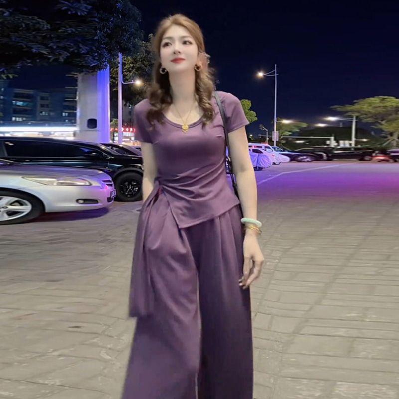 

2025 Korean & Hong Kong Style Slimming Waist Purple Slit T-shirt Short Sleeve Lace-Up Summer Top XL фіолетовий