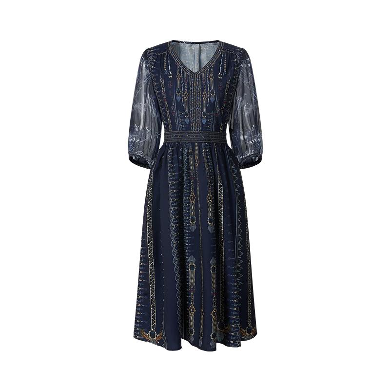 Vintage Bohemian Gold Embroidered Waist-Cinching Dress S